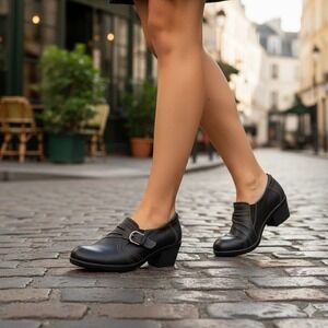 Earth Spirit Womens Black Leather Slip On Loafer Shoes Buckle Comfort Size 7M